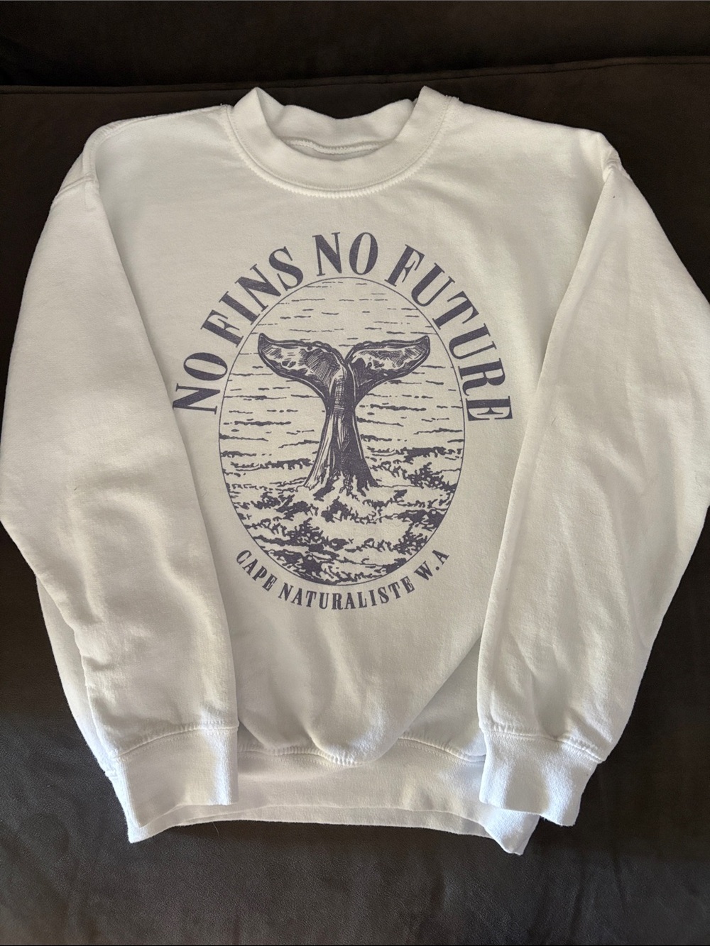 Urban Outfitters White Crewneck Sweatshirt with Navy 'No Fins No Future' Graphic